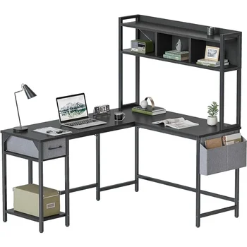 Компютърна маса, L-образен компютърен офис маса, на 58-инчов ъглов геймърска компютърна маса с чекмеджета и рафт за съхранение