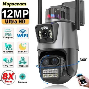 12MP 6K PTZ IP Камера с 8-кратно Увеличение, Трехобъективная Камера за видео наблюдение с Автоматично Проследяване на Човек, Интелигентен Дом, Външна Wifi Камера за Наблюдение ICSEE APP