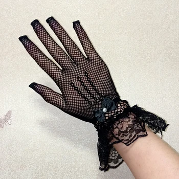 Женски черно-бели мрежести ръкавици в рибарска мрежа, женски Тънки къси ръкавици, елегантни ръкавици за карате, ръкавици без пръсти с пълни пръсти, ръкавици за клубната парти на бала