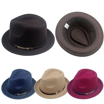 Есенно-зимни джаз шапка С широка периферия, вълнена фетровая шапка, цилиндър, модни Дамски Мъжки кожа шапка, однотонная топли дрехи в британски стил