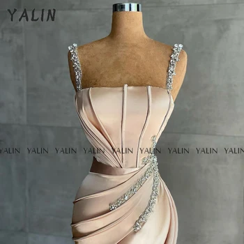 YALIN Spaghetti Mermaid Evening Dress Prom Satin Simple Sweep Влак Crystal Diamond Sleeveless рокля на бала 2022