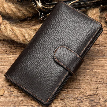 Мъжки дълъг чантата си прост дизайн от естествена кожа, класически портфейл с две отделения за карти, 10 бр., пари, бизнес мъже