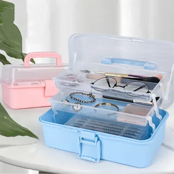Трислоен кутия за инструменти за съхранение на инструменти за нокти Пластмасов комплект инструменти Козметични органайзер Голям капацитет Прахоустойчив прозрачна кутия за съхранение