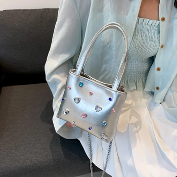 Дамски Нова луксозна чанта през рамо с веригата от страз и диаманти, дамска чанта, чанта-тоут, чанта-месинджър с дръжка