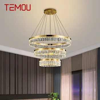 TEMOU Модерен Кристална Окачен Лампа LED Creative Luxury Round Rings Chandelier Light Начало Декор За Хола Трапезария