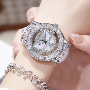 2024 Нови Дамски часовници с бриллиантовым светлина, луксозни Кухи Кожени Водоустойчиви Дамски Моден Кварцов часовник, Подарък