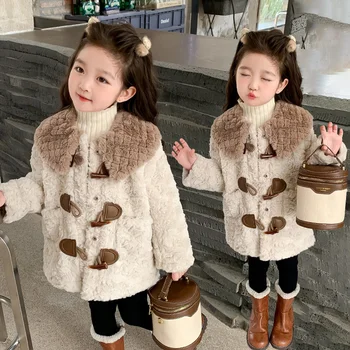 Яке за момичета 2-10 години Есен-зима Топло палто от изкуствена кожа за момичета Коледна връхни дрехи принцеса Модни Детски дрехи