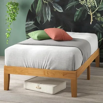Рамка на легло на платформа от дърво Moiz /Зависимостта от дървени талпи / Пружина не се изисква / Лесен монтаж, натурална, двойна