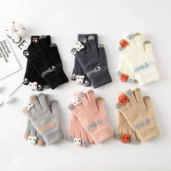 Нови зимни плетени калъф за ръкавици плюс руното корейската версия топли ръкавици Сладко Bear outdoor студентски touch screensaver