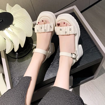 Марка 2023 Дамски обувки обтегач на ремъка сандали Дамски летни солиден офис и кариера мода Crystal нова платформа, сандали Zapatos