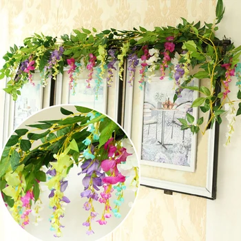 гирлянда от изкуствена лозя глициния с дължина 2 метра, Декоративен интериор за дома, висящи цветя от изкуствени цветя за стената