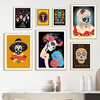 Dia Muertos Ден на мъртвите, плакати на скандинавскую тема, Абстрактни цветни маска на череп, монтиране на изкуството, платно, живопис, Стенни пана, интериор за хол