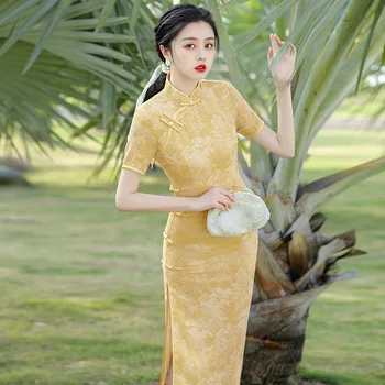 Лято 2023, Китайски стил, яка стойка за момичета, Сатен, Чонсам с наклонен принтом отпред, Коварен Темпераментное Вечерна рокля Ципао за жени