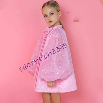 Модни детски розови рокли пачки с цветя модел за момичета 2023, зимно коледна рокля без ръкави, расшитое пайети, с лък