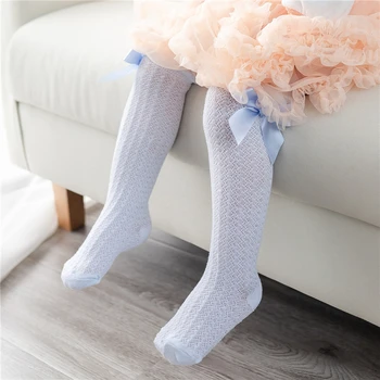 Чорапи За момичета До коляното С Лък В Клетката За Деца, Ежедневни Дълги Еластични Чорапи За Момичета, Обикновена Модни Чорапи с Лък От 0 до 3 Години
