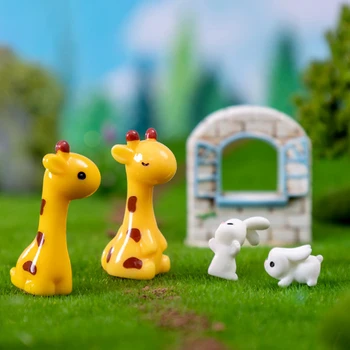 Умален модел на Заек-Жираф, Мини-фигурка на Зайче, украса за работния плот, Градински пейзаж, Играчки за домашни животни от смола, Декор за вашия домашен офис
