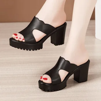 Модни летни сандали, дамски сандали с отворени пръсти, обувки на висок ток от естествена кожа на дебелите ток, улични ежедневни чехли Femme 32-43