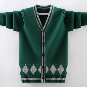 Детски пуловер за момчета вязаный жилетка пролет есен 2024 нов студентски памук палта тийнейджърката дрехи мода V-образно деколте, детски топ