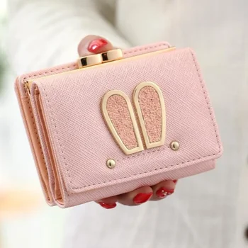 Нов дамски портфейл Дамски къси японски и корейски мини-заешки уши, студентски сладък чантата с катарама, метален в чантата си, просто