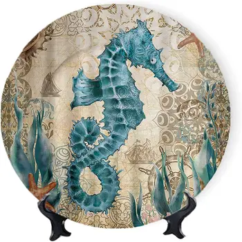 Декоративна чиния във формата на морско конче, смешно синьо морски същества, кръгла чиния с поставка за дисплей, за офис, хол, кухня, декор