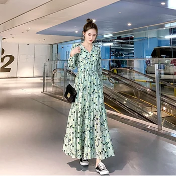 Ежедневна рокля женски 2023, цвете рокля с V-образно деколте и дълъг ръкав за жени, пролет-есен корейското модерно ретро рокля женски