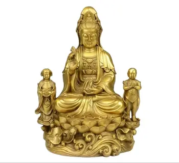 30 см Тибетския будизъм, Месинг, Мед, Момче, Седалка Лотос, Статуя на Бодхисатва Квань-ин Гуаньинь