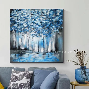 100% Ръчна изработка на цветни синя дебела пейзаж картина на дърво в гората красива картина с маслени бои на стената на коридора верандата Арт хол