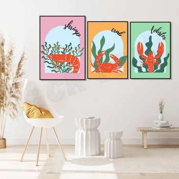 Принт с изображение на тропически скариди, раци, омари, ботаническая илюстрация, принт с изображение на морски развъдници, за печат с омар, плажен плакат