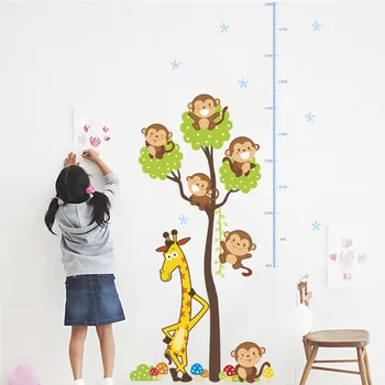 Прекрасната Маймуна Жираф Диаграма На Растежа На Дървото Стикер На Стената За Детска Стая Декорация На Дома, Карикатура Сафари Стенни Картини, Стикери С Животни Плакат