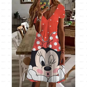 Лятно Дамско модно рокля Disney Minnie Мики Дължина до коленете V-образно деколте и къс ръкав, Ежедневна рокля с Мики Маус Серия A