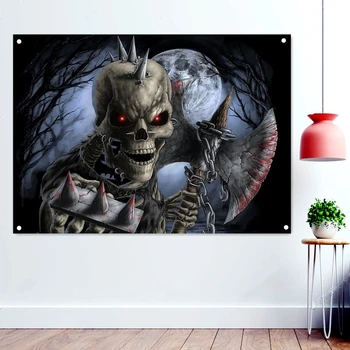 Скелет на Демон, Страшен кървав флаг на изкуството на смъртта, окачена на стената, Графика, живопис, банер ретро-рок-група, музикални плакати в стил хеви метал, Гоблен.