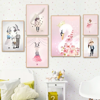 Плакати и щампи на скандинавскую тема с анимационни момиче, Лебед, кон, монтиране на изкуството, платно, живопис, детски щампи, цветен живопис, декорация на спалня