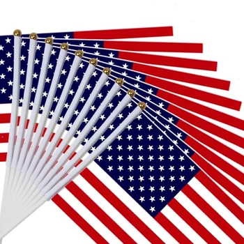 10ШТ Американски Знамена-Пръчки Размахивающий Ръка Флаг на САЩ 5x8 См Ръчен Мини-Пилон 30 см Ден на Независимостта на АМЕРИКА Начало Декор