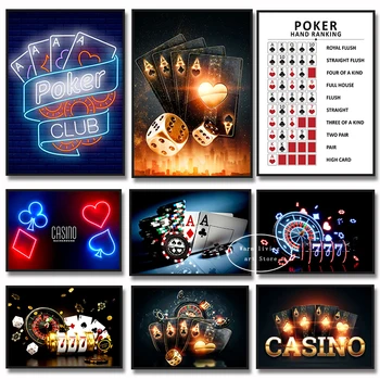 Реколта плакати за покер Casino Royale, живопис върху платно, неонов ефект, нощ на покер, зарове, стенни модел за покер, бар, клуб, домашен декор