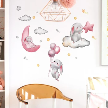 Стикери за стена в стая за малки момичета, стикери за стена под формата на мультяшного Розово Зайче, декориране на спалня, Детска стая, Етикети за детска градина