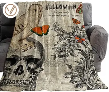 Винтажное одеяло с совой на Хелоуин и черепа пеперуди, лесно и приятно топло фланелевое одеало за легло, шик цветове за дивана