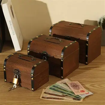 Голяма дървена касичка-сейф за спестявания с ключалка, дърворезба, легендарният органайзер за сандъка със съкровища ръчно изработени, кафяв