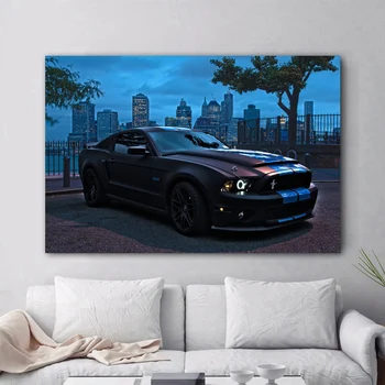 Плакати с дълбочина на полето с градския пейзаж на Ford Mustang, отпечатани върху платно, начало декор, стенно изкуство, декорация за хол