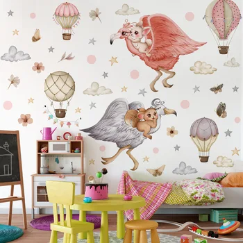 Стикер за стена с въздушен топка под формата на мультяшного на животното, Щраус, Малка спалня с цветя за момичета, фоново декорация на детска стая