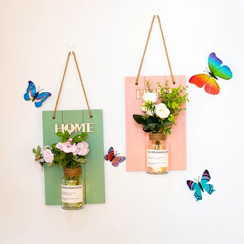 Стенни Стъклена ваза, изкуствени цветя, Зелена хидропонно растение, Окачен декор, Креативна дървена дъска, стенен декор
