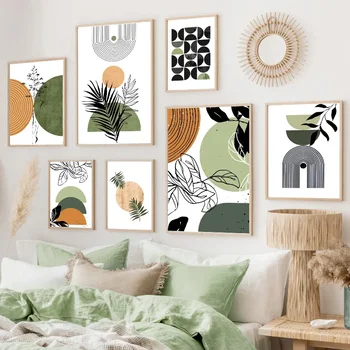 Абстрактно палмово растение Геометрична линия Зелени плакати в стил бохо и щампи Стенно изкуство върху платно Домашни картини за вашия интериор дневна