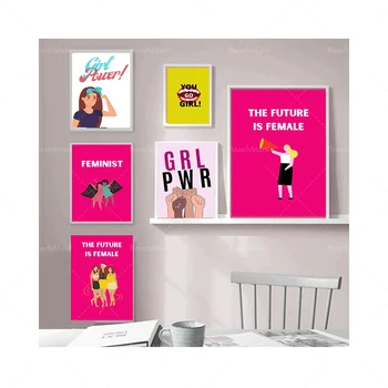 Феминистки артистични щампи • Комплект от пет елементи • Стенни рисунки, които се простират възможностите на жените • Надписи с цитати • Декорация на всекидневна • Плакати Girl power