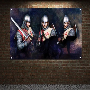 Древен военен плакат, стикер на стената, Реколта престрелки броня на Тамплиерите, Знамена, знамената на Кръстоносците, Стенни живопис върху платно, домашен интериор на M6