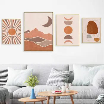 Теракота плакати с изображение на Слънцето и Луната в стил Бохо, абстрактни геометрични рисунки на стената, платното, галерия, картини, декорация за дома в хола