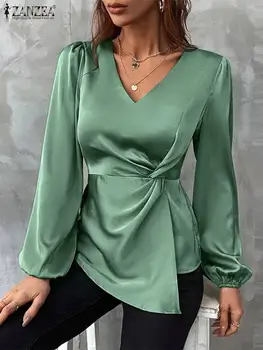 ZANZEA, дамски сатен блуза, Модерен офис риза с дълъг ръкав, Есенни елегантни блузи за партита с V-образно деколте дамски блузи-ризи с еластична талия