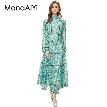 MonaAiYi Ново модно дизайнерско рокля в ретро стил за жени с висока яка и дълги ръкави, с принтом на колана, сращивающее зелена рокля в ретро стил