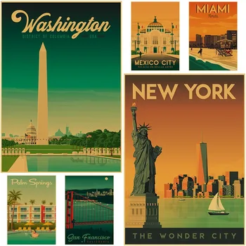 Плакат Известните Туристически Градове Козметична Ретро Крафт-Хартия Ню Йорк, Вашингтон Пейзажные Плакати Начало Декор Стая Бар Стикер За Стена