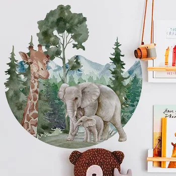 Стикер за декорация на стените с животните, един Слон, един Жираф, Планини, дървета, Стикери за интериор, аксесоари за дома, самозалепващи се тапети