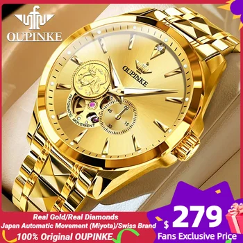Истинско злато, истински диаманти, луксозни мъжки часовник OUPINKE, огледало с сапфирено стъкло, Японски механизъм, механичен мъжки ръчен часовник (Miyota)