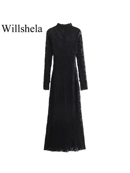 Willshela модно Дамско дантелено черна рокля миди с цип отзад, винтажное рокля с кръгло деколте и дълъг ръкав, дамски шик дамски рокли